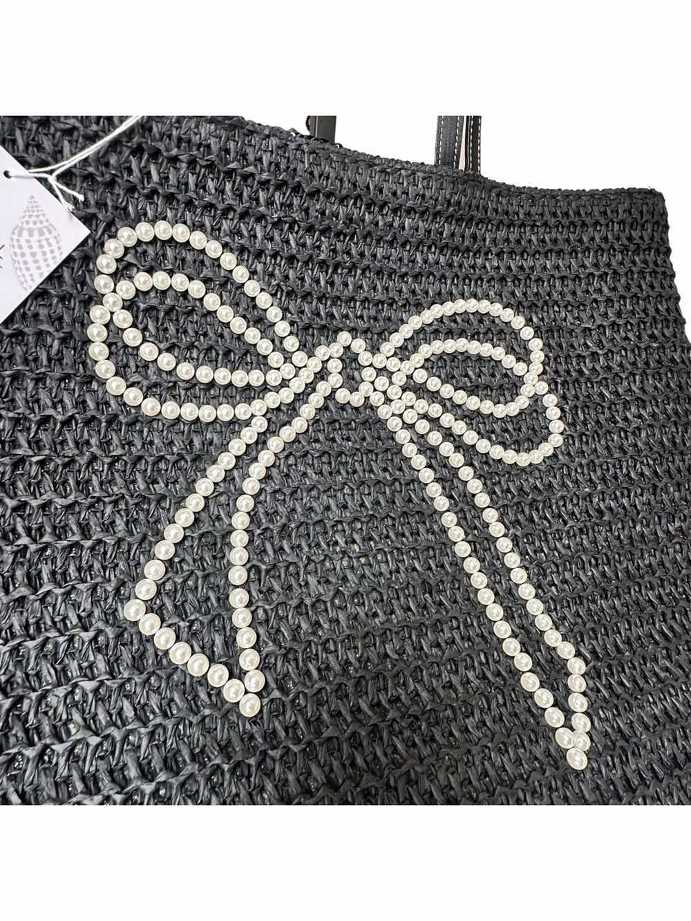 Black Woven Tote Beach / Pool Bag with Pearl Bow Accent - Picture 3 of 6